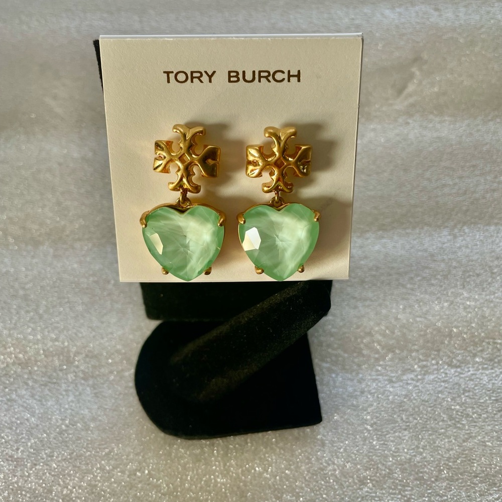 Tory Burch Gold and Green Heart Earrings BNWOT